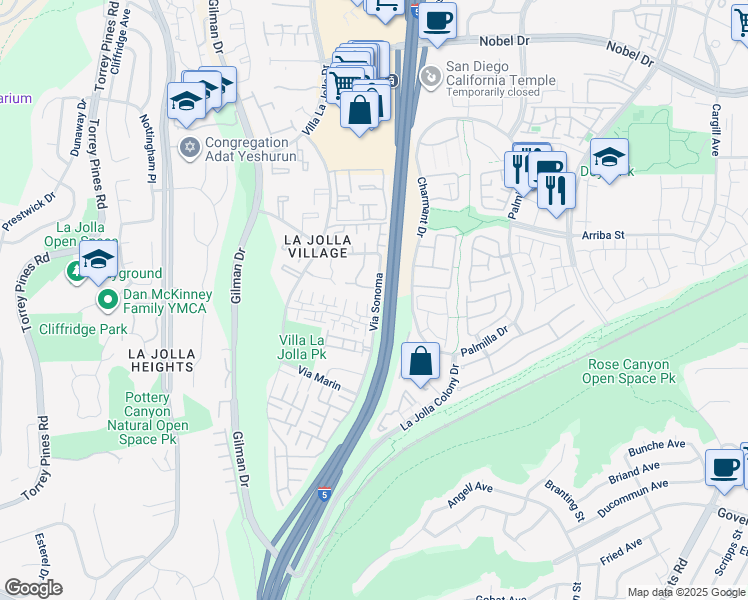 map of restaurants, bars, coffee shops, grocery stores, and more near 8430 Via Sonoma in San Diego