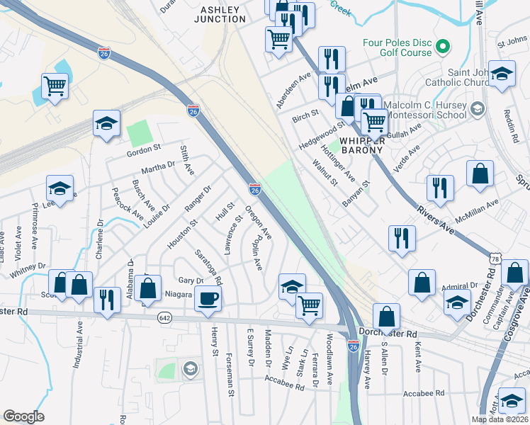 map of restaurants, bars, coffee shops, grocery stores, and more near 2627 Oregon Avenue in North Charleston