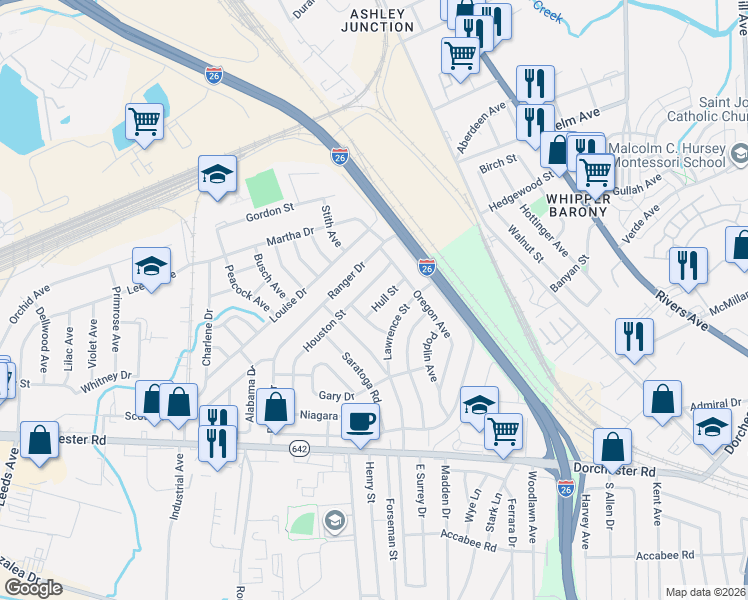map of restaurants, bars, coffee shops, grocery stores, and more near 2689 Houston Street in North Charleston