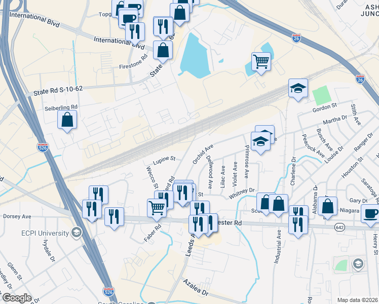 map of restaurants, bars, coffee shops, grocery stores, and more near 2650 Bennett Yard Road in North Charleston