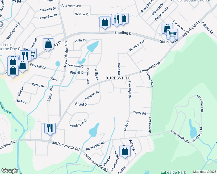 map of restaurants, bars, coffee shops, grocery stores, and more near 2565 Millerfield Road in Macon