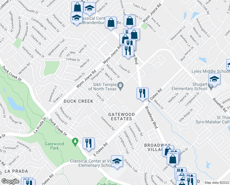 map of restaurants, bars, coffee shops, grocery stores, and more near 430 Gatewood Road in Garland