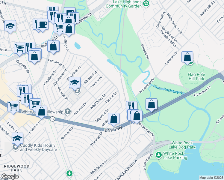 map of restaurants, bars, coffee shops, grocery stores, and more near 7428 Wild Valley Drive in Dallas