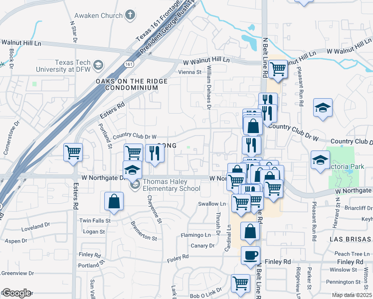 map of restaurants, bars, coffee shops, grocery stores, and more near 3723 William Dehaes Drive in Irving