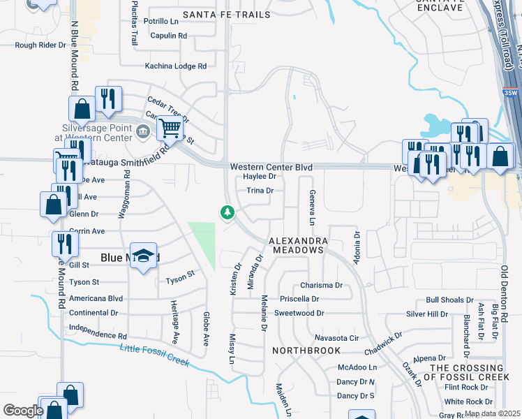map of restaurants, bars, coffee shops, grocery stores, and more near 2105 Leandra Lane in Fort Worth