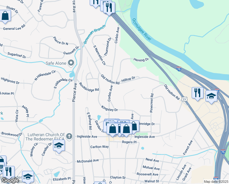map of restaurants, bars, coffee shops, grocery stores, and more near 571 Corbin Avenue in Macon