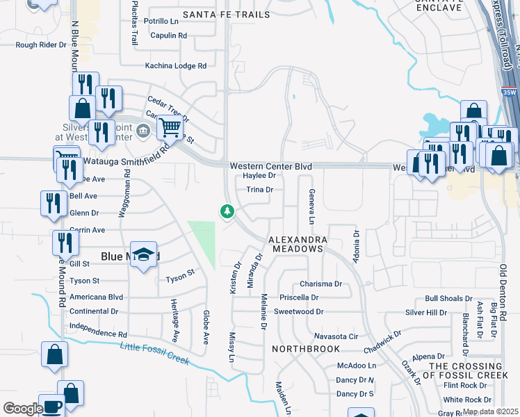 map of restaurants, bars, coffee shops, grocery stores, and more near 2105 Leandra Lane in Fort Worth
