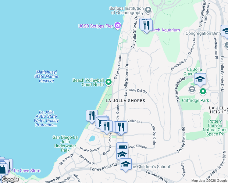 map of restaurants, bars, coffee shops, grocery stores, and more near 8405 El Paseo Grande in San Diego