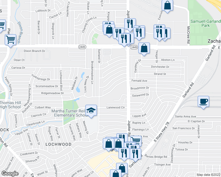 map of restaurants, bars, coffee shops, grocery stores, and more near 11345 Fernald Avenue in Dallas