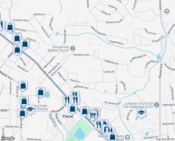 map of restaurants, bars, coffee shops, grocery stores, and more near 554 Inglewood Place in Macon