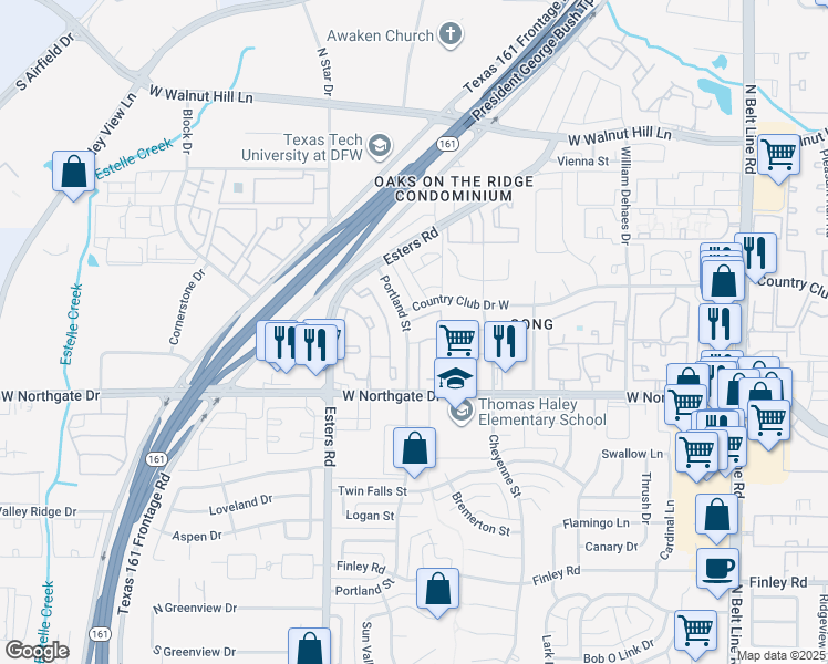 map of restaurants, bars, coffee shops, grocery stores, and more near 3800 Portland Street in Irving