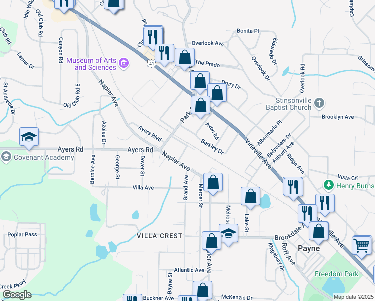 map of restaurants, bars, coffee shops, grocery stores, and more near 3 Britt Drive in Macon