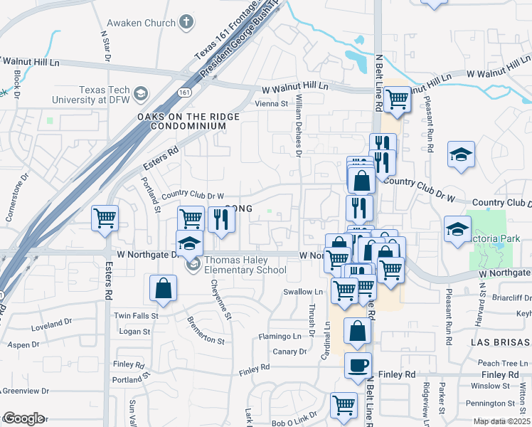 map of restaurants, bars, coffee shops, grocery stores, and more near 3723 William Dehaes Drive in Irving