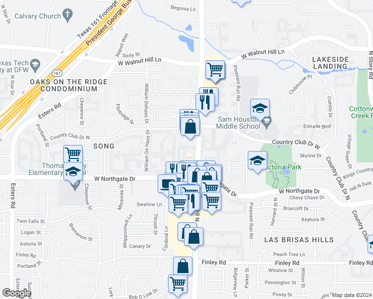 map of restaurants, bars, coffee shops, grocery stores, and more near 3809 North Belt Line Road in Irving