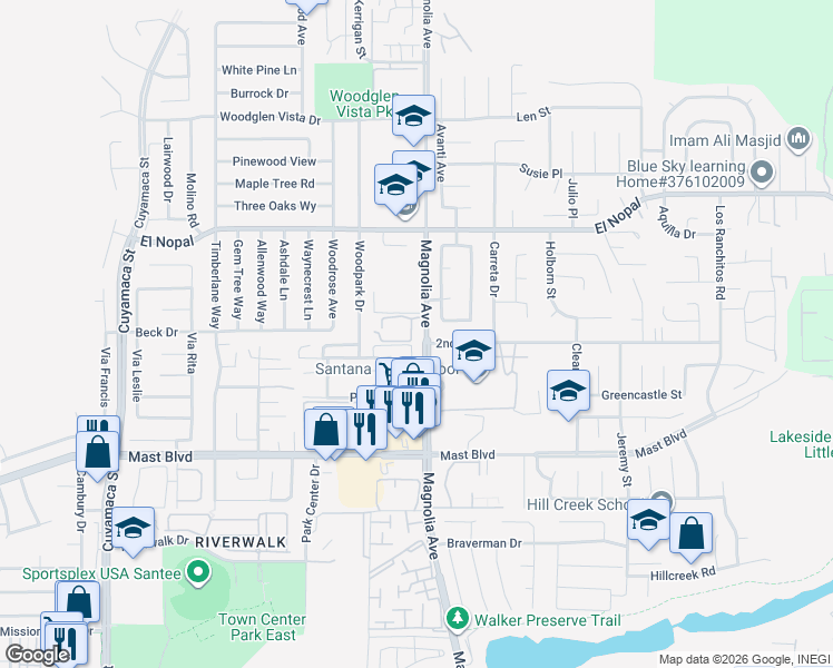 map of restaurants, bars, coffee shops, grocery stores, and more near 10019 Great Rock Road in Santee