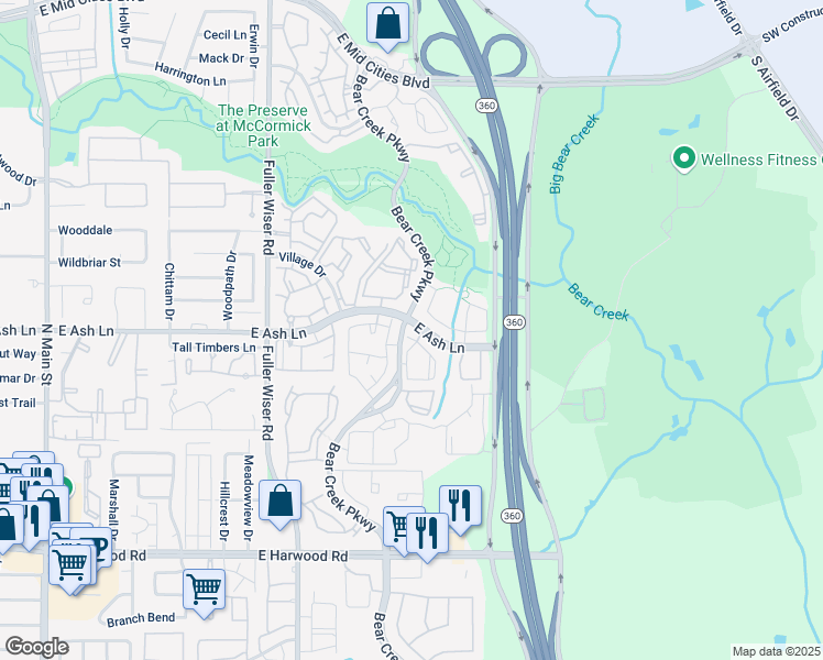 map of restaurants, bars, coffee shops, grocery stores, and more near 930 Brook Forest Lane in Euless