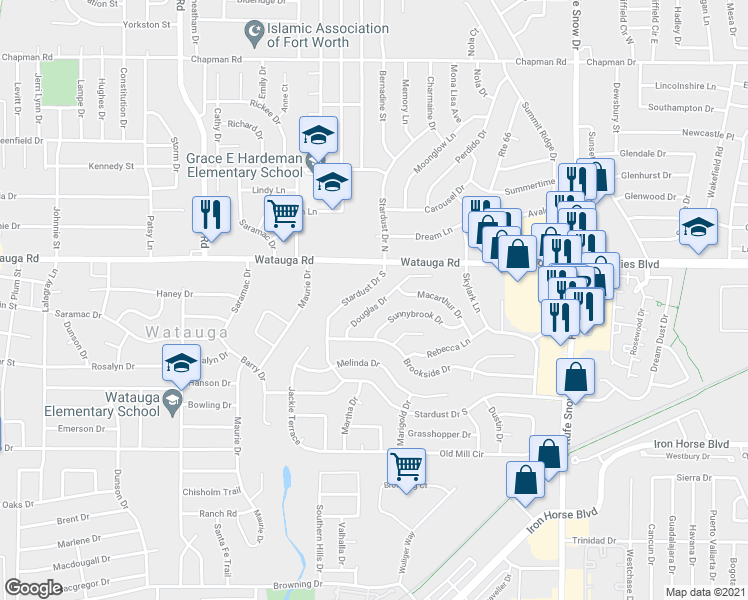 map of restaurants, bars, coffee shops, grocery stores, and more near 6241 Douglas Drive in Watauga