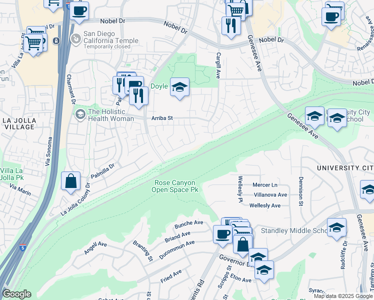 map of restaurants, bars, coffee shops, grocery stores, and more near 3993 Camino Lindo in San Diego