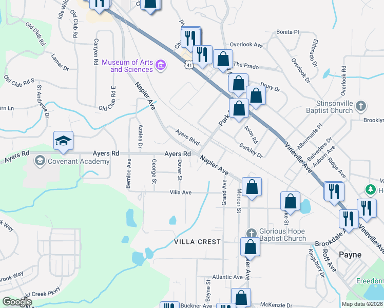 map of restaurants, bars, coffee shops, grocery stores, and more near 4116 Napier Avenue in Macon