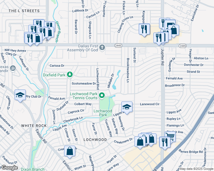map of restaurants, bars, coffee shops, grocery stores, and more near 11130 Scotsmeadow Drive in Dallas