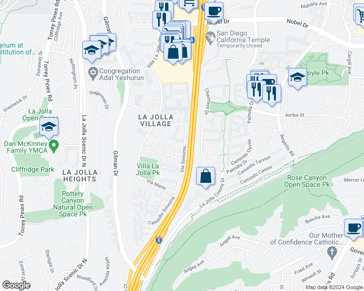 map of restaurants, bars, coffee shops, grocery stores, and more near 8430 Via Sonoma in San Diego