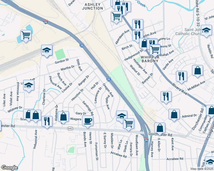 map of restaurants, bars, coffee shops, grocery stores, and more near 2627 Oregon Avenue in North Charleston