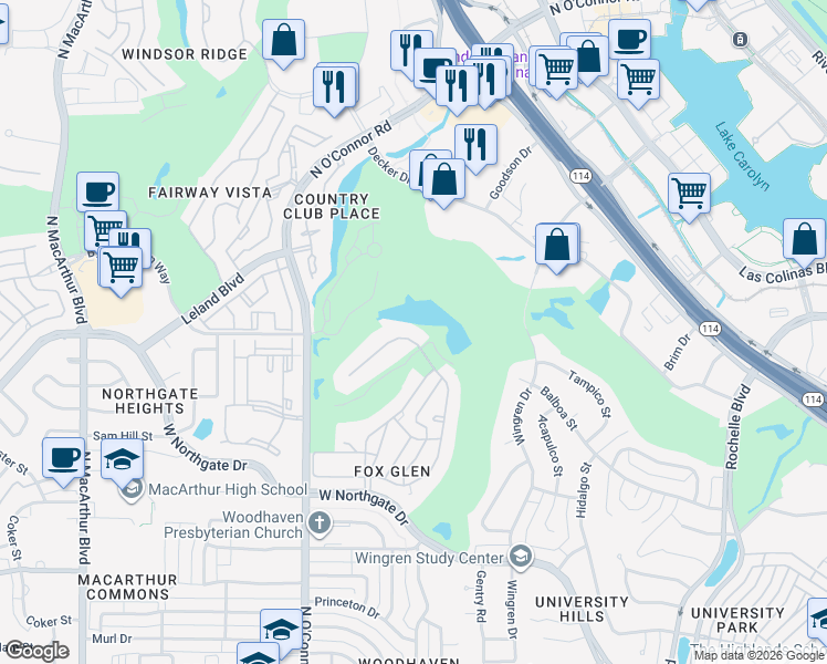 map of restaurants, bars, coffee shops, grocery stores, and more near 303 Steeplechase Drive in Irving