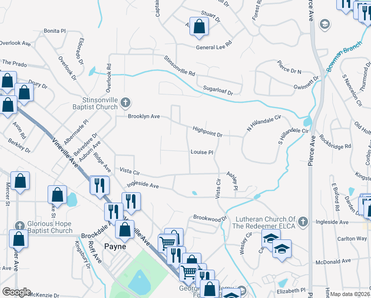 map of restaurants, bars, coffee shops, grocery stores, and more near 556 Marjorie Place in Macon