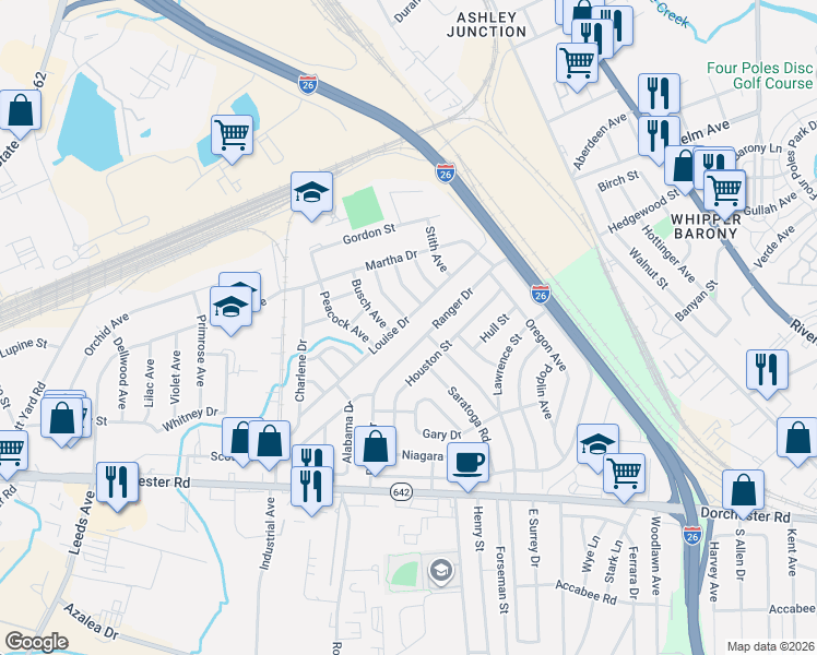 map of restaurants, bars, coffee shops, grocery stores, and more near 2758 Ranger Drive in North Charleston
