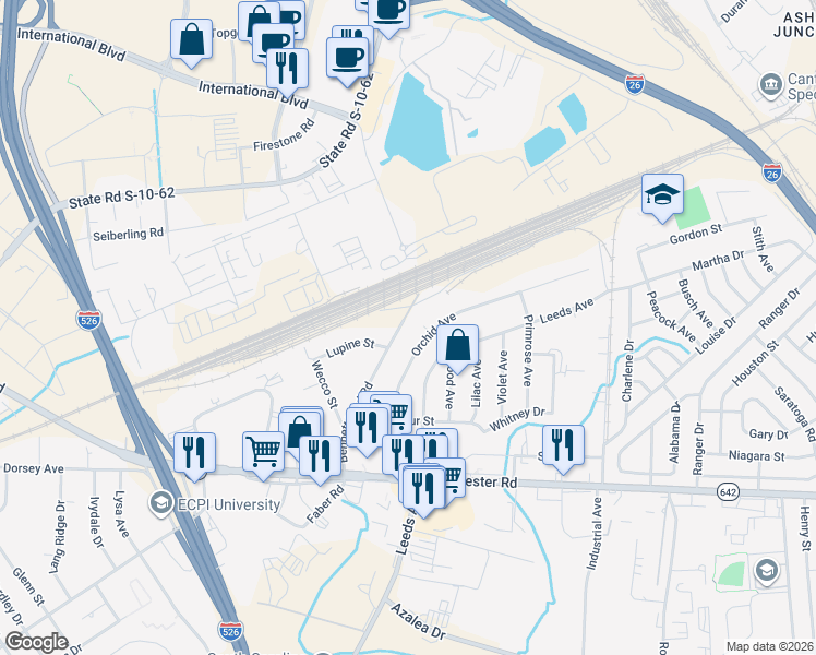 map of restaurants, bars, coffee shops, grocery stores, and more near 2650 Bennett Yard Road in North Charleston
