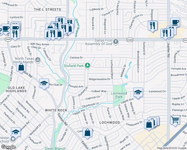 map of restaurants, bars, coffee shops, grocery stores, and more near 10920 Scotsmeadow Drive in Dallas