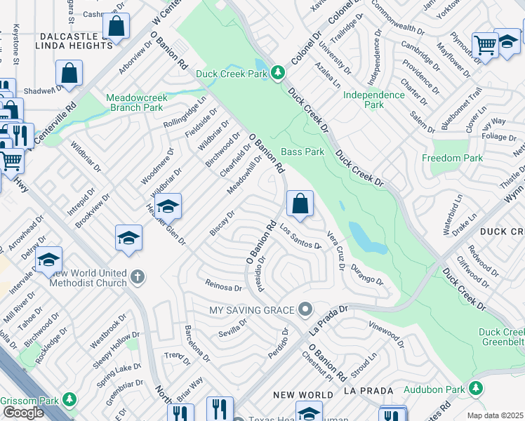 map of restaurants, bars, coffee shops, grocery stores, and more near 413 Los Santos Drive in Garland