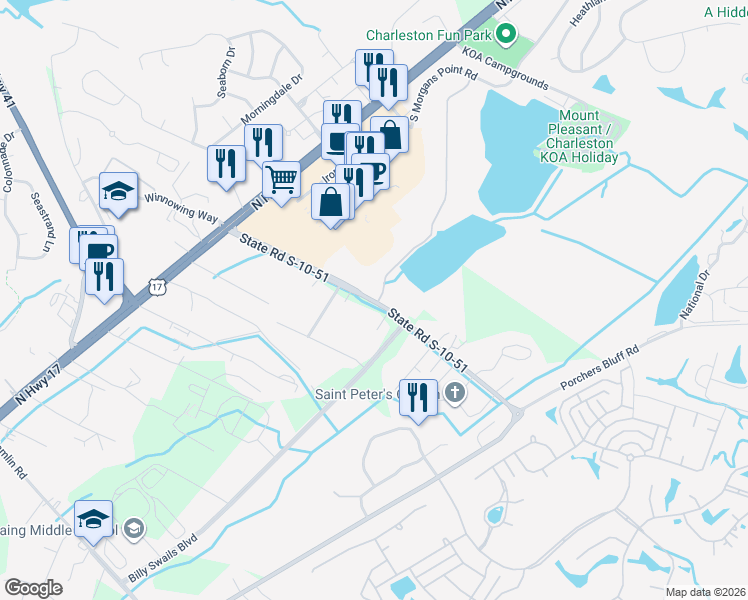 map of restaurants, bars, coffee shops, grocery stores, and more near 120 State Road S-10-51 in Mount Pleasant