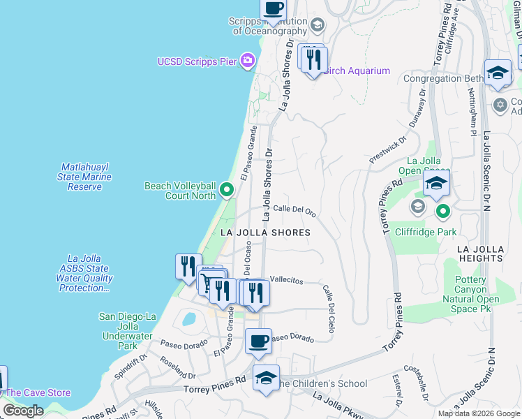 map of restaurants, bars, coffee shops, grocery stores, and more near 8392 La Jolla Shores Drive in San Diego