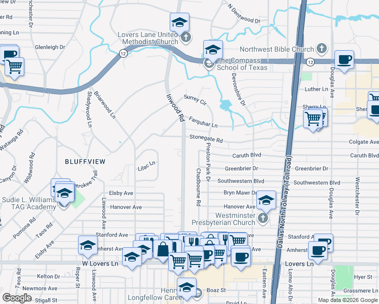 map of restaurants, bars, coffee shops, grocery stores, and more near 8626 Inwood Road in Dallas