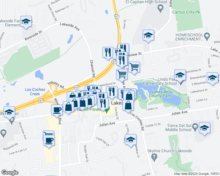 map of restaurants, bars, coffee shops, grocery stores, and more near 12369 Lakeshore Drive in Lakeside