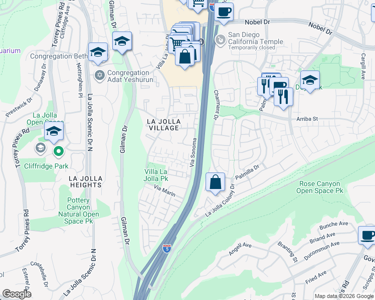 map of restaurants, bars, coffee shops, grocery stores, and more near 8430 Via Sonoma in San Diego
