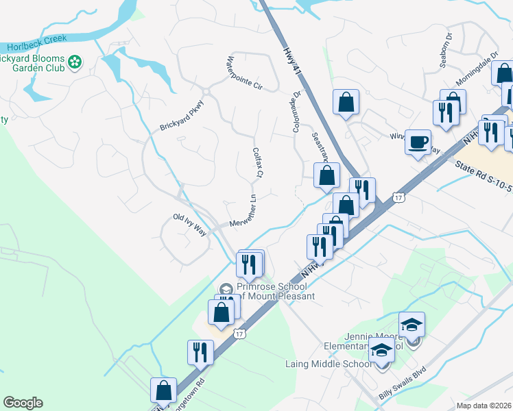 map of restaurants, bars, coffee shops, grocery stores, and more near 2750 Stamby Place in Mount Pleasant