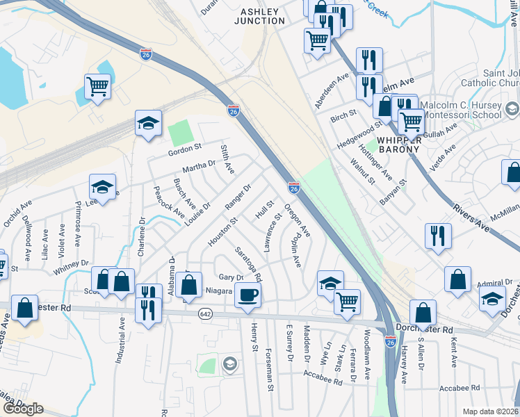 map of restaurants, bars, coffee shops, grocery stores, and more near 2657 Hull Street in North Charleston