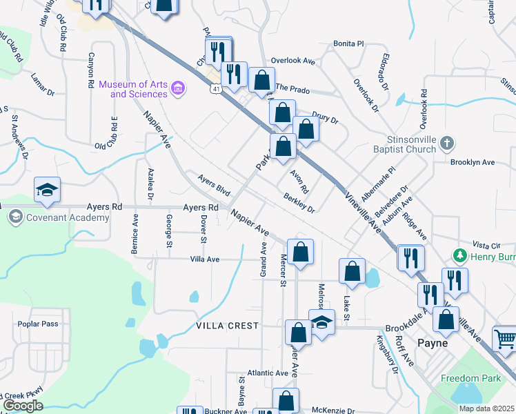 map of restaurants, bars, coffee shops, grocery stores, and more near 3 Britt Drive in Macon