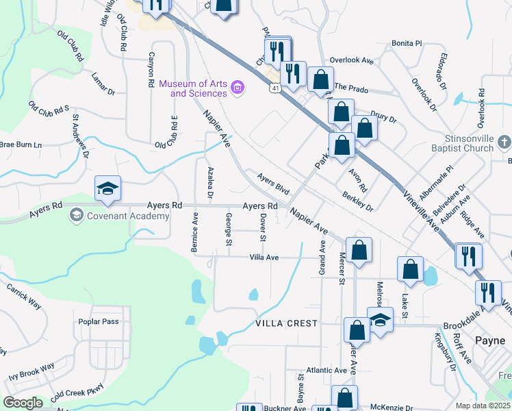 map of restaurants, bars, coffee shops, grocery stores, and more near 4210 Ayers Road in Macon