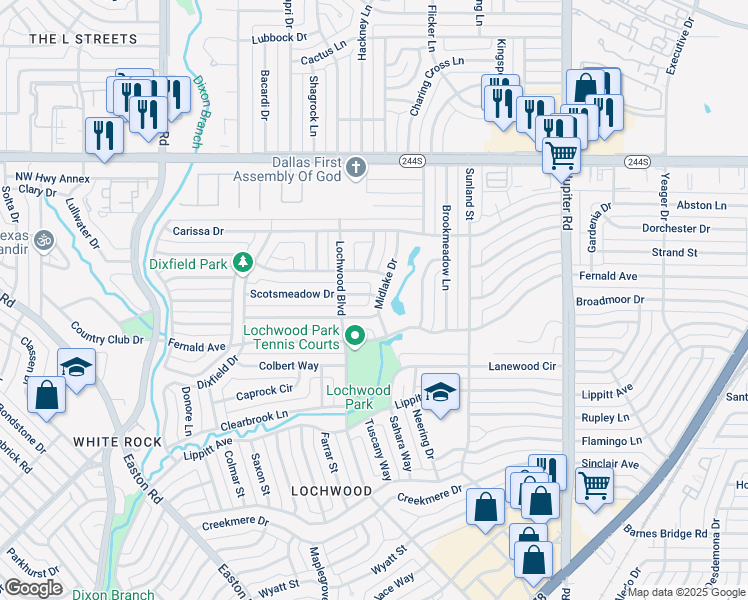map of restaurants, bars, coffee shops, grocery stores, and more near 11130 Scotsmeadow Drive in Dallas