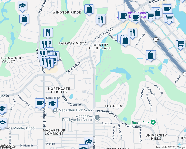 map of restaurants, bars, coffee shops, grocery stores, and more near 28 Bob White Drive in Irving