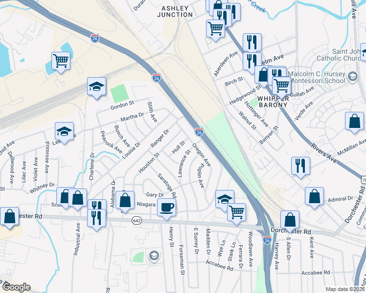 map of restaurants, bars, coffee shops, grocery stores, and more near 2657 Hull Street in North Charleston