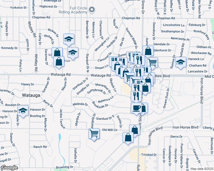 map of restaurants, bars, coffee shops, grocery stores, and more near 6425 Macarthur Drive in Watauga