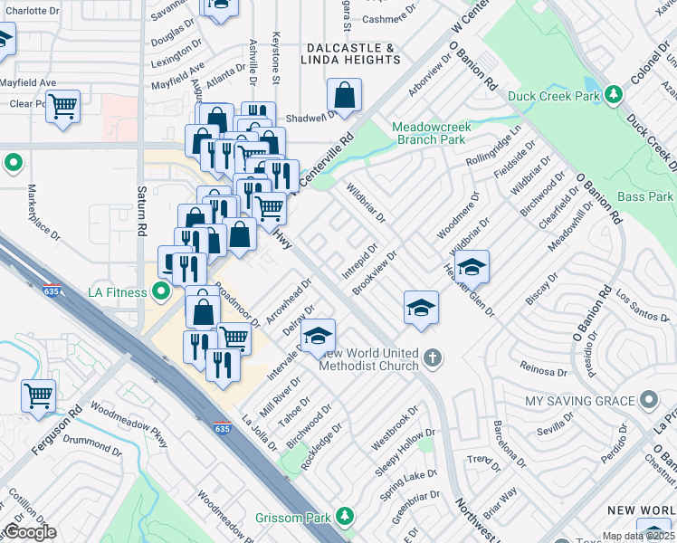 map of restaurants, bars, coffee shops, grocery stores, and more near 702 Arrowhead Circle in Garland