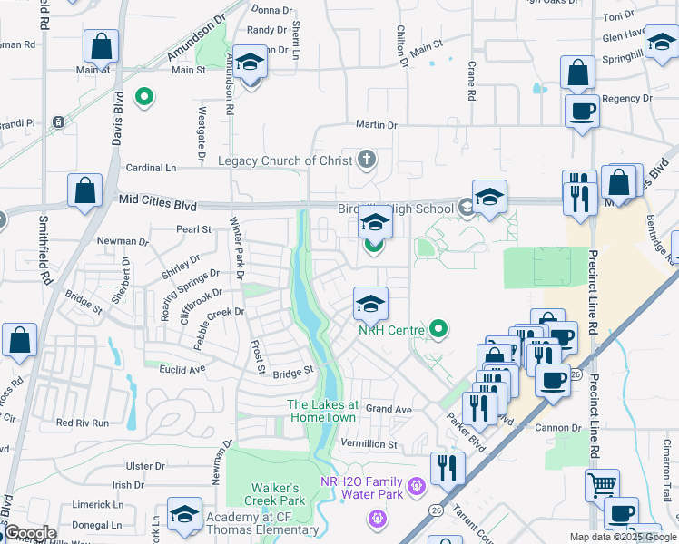 map of restaurants, bars, coffee shops, grocery stores, and more near 8734 Mangham Street in North Richland Hills
