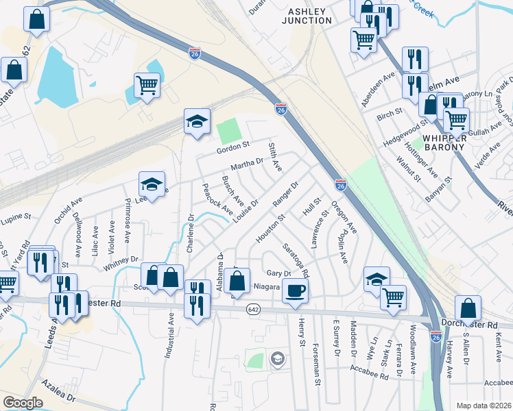 map of restaurants, bars, coffee shops, grocery stores, and more near 2758 Louise Drive in North Charleston