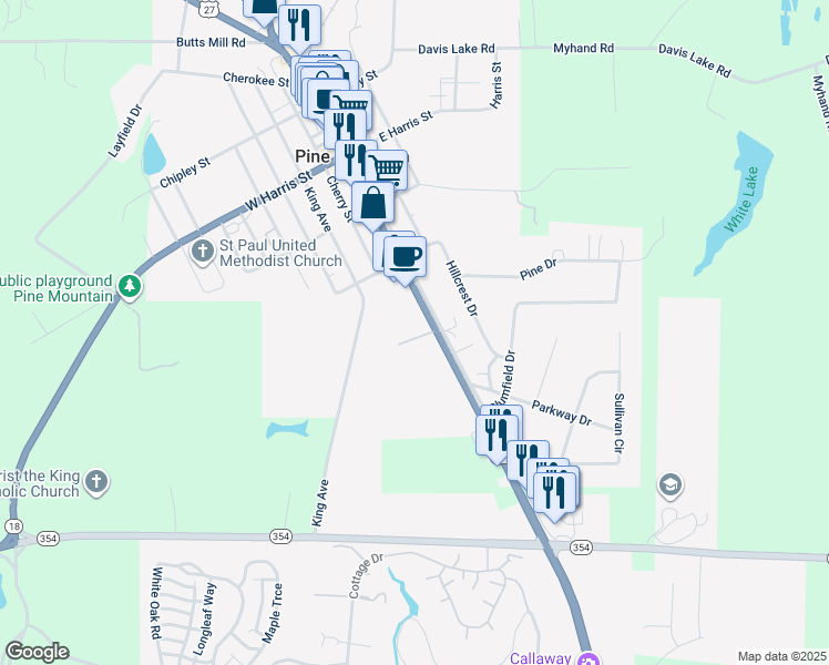 map of restaurants, bars, coffee shops, grocery stores, and more near 500 Breezy Pines in Pine Mountain