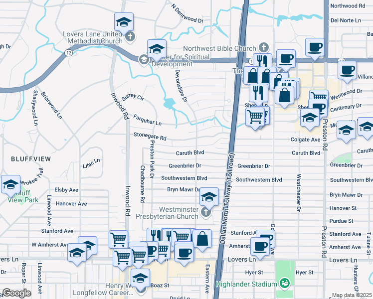 map of restaurants, bars, coffee shops, grocery stores, and more near 5627 Caruth Boulevard in Dallas